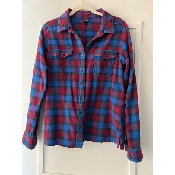 Patagonia Tops - Patagonia Womens Red Blue Plaid Organic Cotton Flannel Button Down Shirt Size 10